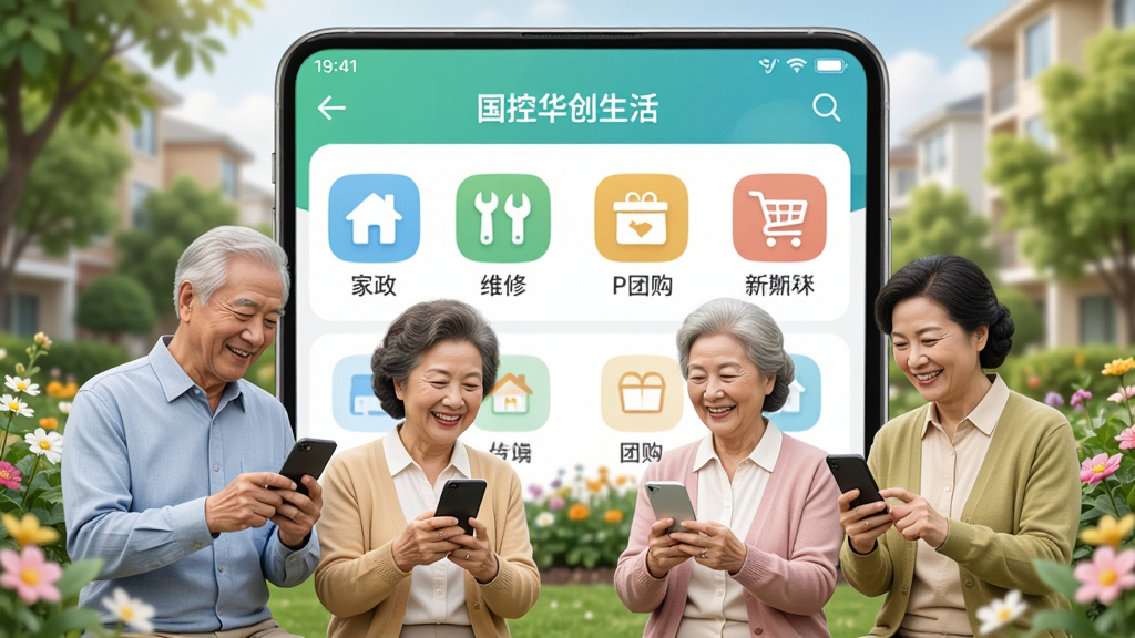 画面以“国控华创生活”应用界面为背景,展示社区生活服务板块,包括家政、维修、团购等图标。前景是几位社区居民在小区花园中使用手机,面带微笑。整体采用清新明亮的色彩风格,构图均衡,细节丰富,画质高清,画面干净整洁,无多余元素干扰。