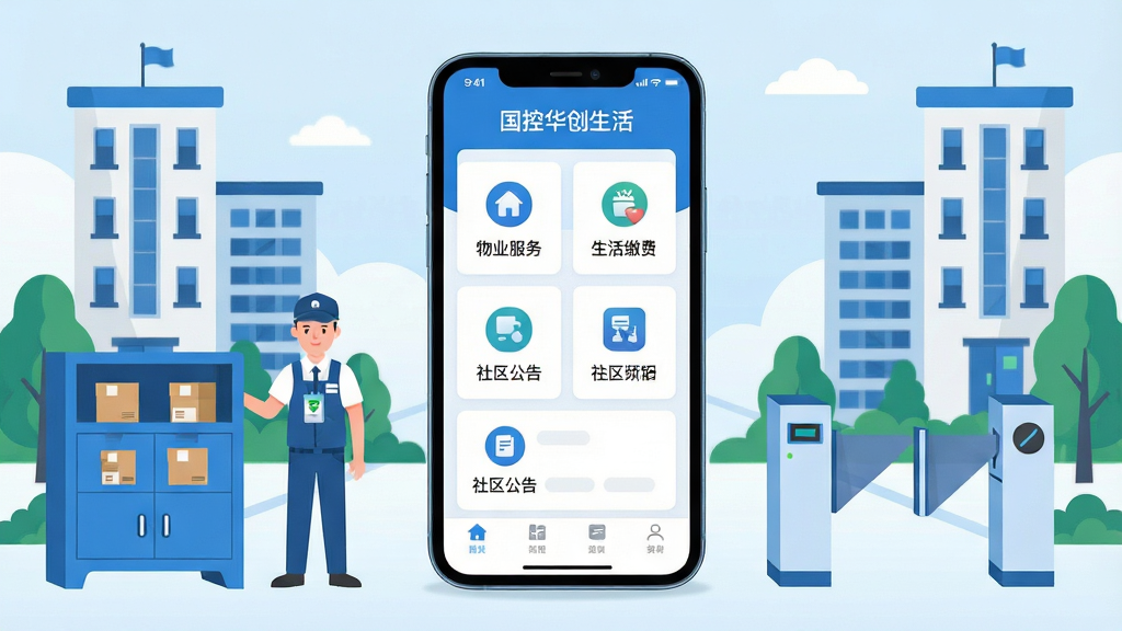 画面中央是一部智能手机,屏幕上显示着“国控华创生活”应用的主界面,界面布局清晰,包含物业服务、生活缴费、社区公告等图标模块。手机周围环绕着社区楼宇、物业服务人员、快递柜、门禁闸机等元素,以扁平化插画风格呈现。整体采用蓝白为主的清爽配色,排版居中对称,细节丰富但不过于繁杂,画质高清,画面干净,无多余装饰元素。