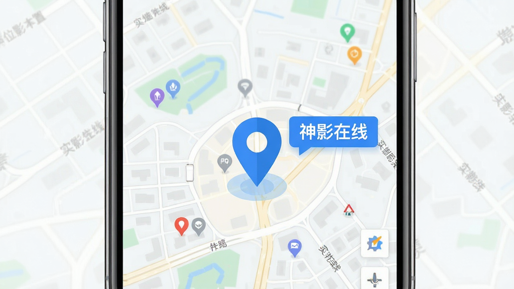 神影在线 实时位置查看功能展示图,画面主体为一张简洁的城市地图,地图上有一个高亮的蓝色定位图标,图标旁有“神影在线”悬浮标签,布局为手机屏幕竖版构图,风格为现代扁平化设计,细节包括地图道路线条、周边POI图标,画质高清,干净无杂乱元素