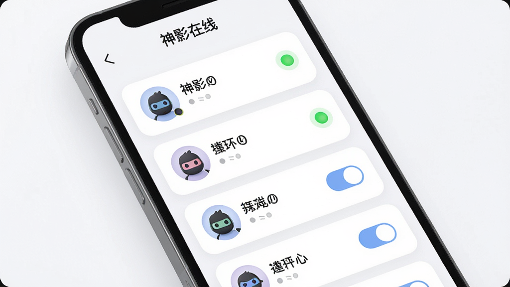 神影在线 多设备关联管理界面图,画面展示一部手机屏幕,屏幕内呈现设备列表卡片,每张卡片上有设备头像、名称与在线状态圆点,顶部有“神影在线”标题栏,布局为纵向列表式,风格为柔和圆角卡片设计,细节包括状态指示灯、切换按钮,画质清晰,背景干净