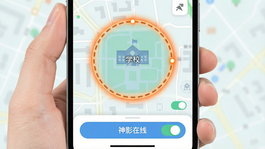 神影在线 安全区域提醒设置界面图,画面展示手机屏幕上的地图界面,地图上有一个虚线圆形区域标注为“学校”,区域边缘有高亮提示,界面底部有“神影在线”操作按钮,布局为上下结构,风格为清新浅色系,细节包括区域填充色、提醒开关图标,画质高清,无多余装饰