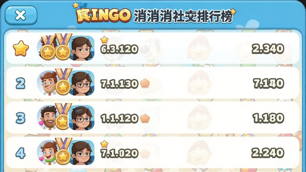 一张展示宾果消消消社交排行榜的图片,主体是排行榜界面,布局为列表式排名,排版上显示好友头像和分数,风格为简洁卡通风格,细节包括金银铜牌图标、好友头像、分数数字,画质高清,干净,无多余元素