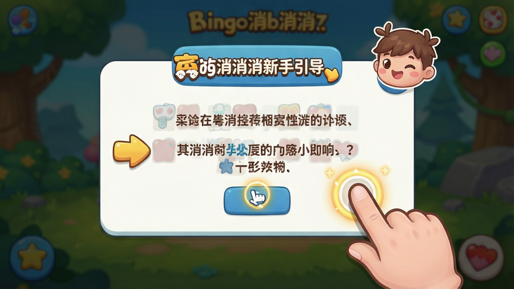 一张展示宾果消消消新手引导界面的图片,主体是游戏教程提示框,布局为中央弹窗,排版上带有箭头指引和文字说明,风格为清新卡通风格,细节包括手指点击动画、高亮提示区域、可爱的引导角色,画质高清,干净,无多余元素