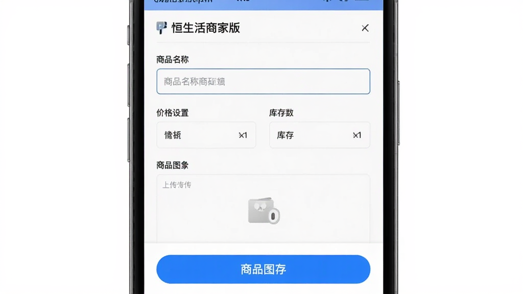 恒生活商家版商品编辑页面,手机屏幕展示商品信息填写表单,包含商品名称输入框、价格设置、库存数量、商品图片上传区域,界面布局清晰,按钮醒目,风格现代简约,画质干净,无多余元素