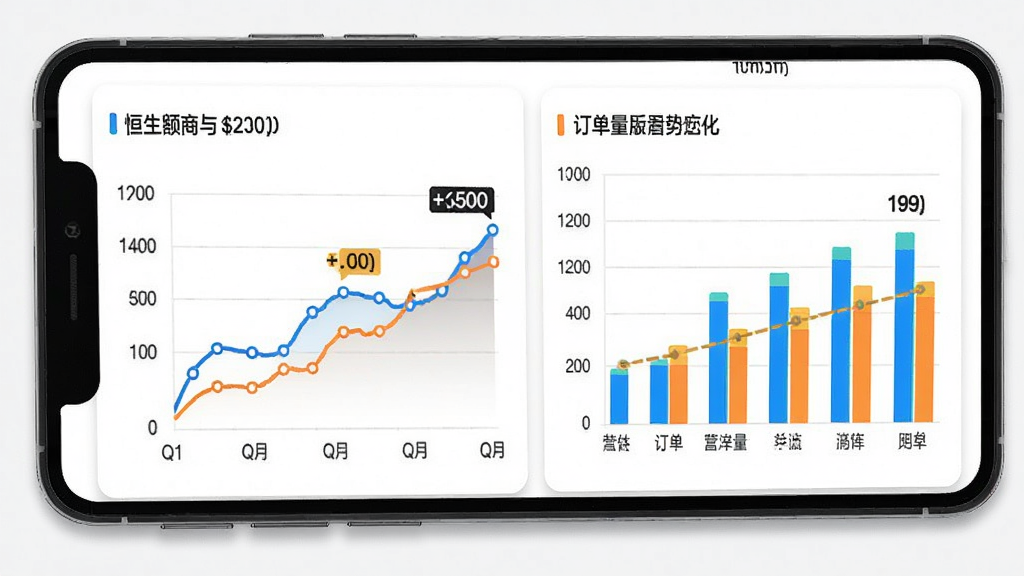 恒生活商家版数据统计看板,手机屏幕显示折线图和柱状图,展示营业额和订单量变化趋势,图表配色鲜明,数据标注清晰,背景为白色卡片式布局,风格商务简洁,画质清晰,无多余元素