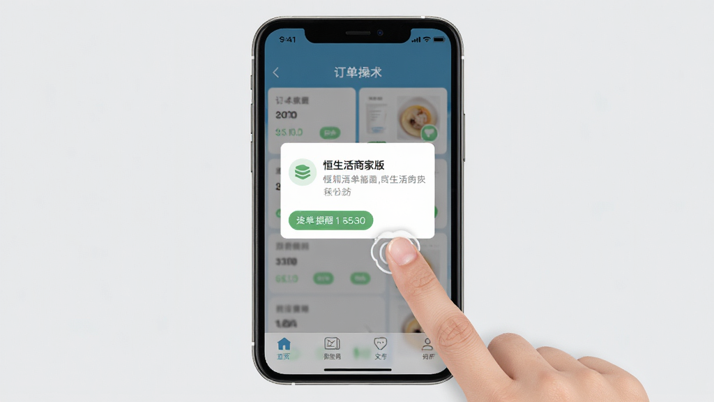 恒生活商家版移动端操作界面展示,手机屏幕显示订单提醒弹窗和底部导航栏,背景为浅灰色,画面中有手指点击屏幕的示意,风格写实清晰,画质干净,无多余元素