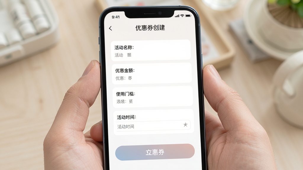 恒生活商家版营销活动设置界面,手机屏幕显示优惠券创建页面,包含活动名称、优惠金额、使用门槛、活动时间等设置项,界面配色柔和,按钮突出,风格清新实用,画质干净,无多余元素