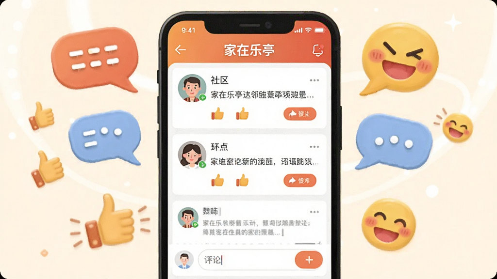 һ��չʾ��������ͤ��APP���ﻥ�������ͼƬ���������ֻ���Ļ��ʾ���������б��������������Χ�����ŶԻ����ݡ��������ƺ�Ц�������װ��Ԫ�أ�����Ϊ���½ṹ�����Ϊ��ܰ�ѺõĲ廭���ϸ����ͻ������ͷ��ͻ�����ť�������������ɾ����࣬�޶���Ԫ��