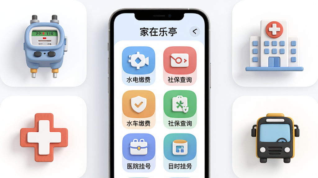 һ�����֡�������ͤ��APP��������ܵĳ���ͼ�����������ֻ���Ļչʾˮ��ɷѡ��籣��ѯ��ҽԺ�Һŵȷ���ͼ�������ֻ��Ա���ˮ�����ҽԺʮ�֡���������С������ͼ�꣬����Ϊ�������У����Ϊ���Բ�ǿ�Ƭ��ƣ�ϸ����ͻ������ͼ���ɫ�����ֺ����ֱ�ǩ�������������ɾ����࣬�޶���Ԫ��