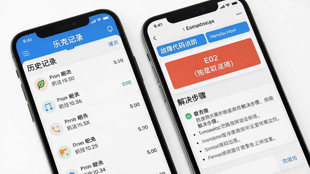����������������¼������Ų���棬����չʾ�ֻ���Ļ��������APP����ʷ��¼�б��͹��ϴ���˵��ҳ�棬����E02������ʾ�ͽ�����裬����Ϊ��ɫ����񣬲������·ֲ㣬ϸ�����������ʸ��壬�ɾ��޶���Ԫ��
