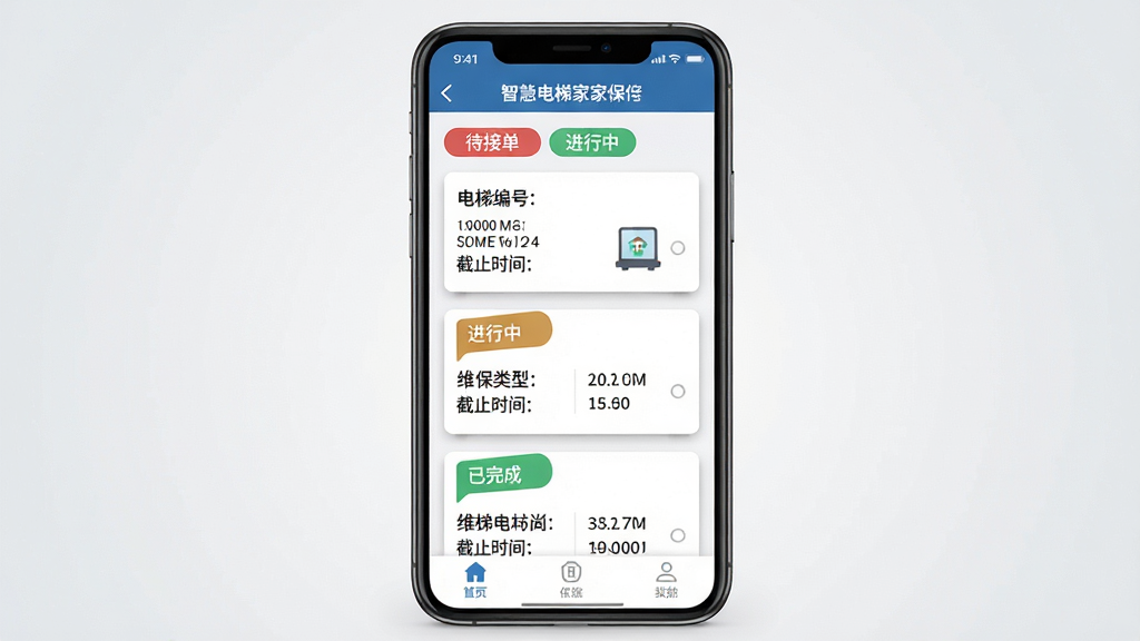 智慧电梯家维保任务管理功能界面图,画面展示一部智能手机屏幕特写,屏幕上呈现智慧电梯家的维保任务列表页面,包含待接单、进行中、已完成等状态标签,每个任务卡片显示电梯编号、维保类型、截止时间等信息,布局为手机竖屏展示,风格为扁平化UI设计风,细节包括任务卡片的阴影效果、状态标签的颜色区分、底部导航栏图标,画质高清,画面干净,无多余元素,背景为浅灰色渐变