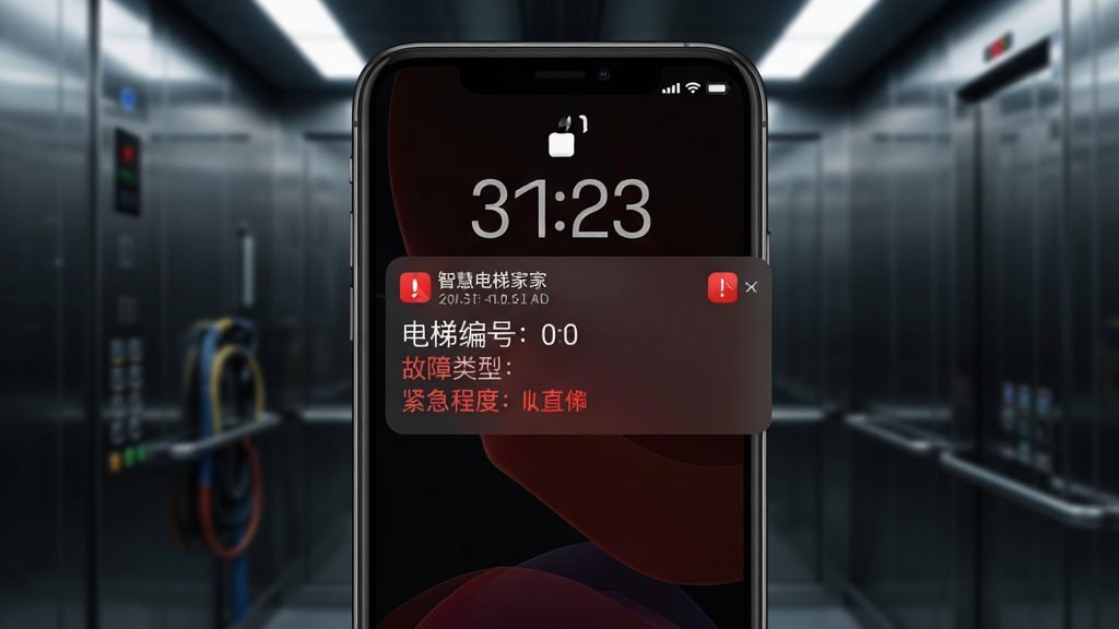 智慧电梯家故障报警推送界面图,画面展示智能手机锁屏界面弹出智慧电梯家的故障报警通知,通知内容显示电梯编号、故障类型和紧急程度,背景为电梯机房内景虚化效果,布局为手机锁屏通知样式,风格为写实科技风,细节包括通知卡片的红色警示标识、时间戳、应用图标,画质高清,画面干净,无多余元素,整体色调以深色背景搭配醒目红色为主