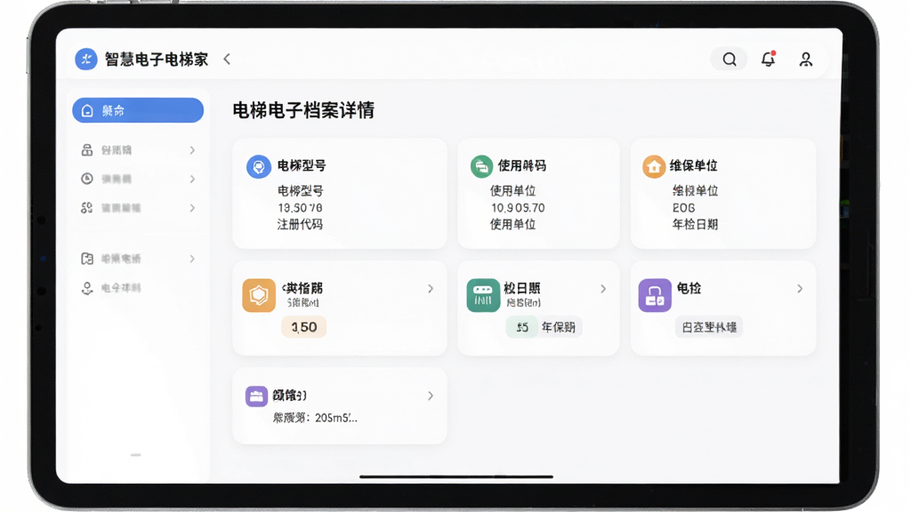 智慧电梯家电梯档案管理界面图,画面展示平板电脑屏幕上的智慧电梯家应用界面,屏幕中呈现电梯电子档案详情页,包含电梯型号、注册代码、使用单位、维保单位、年检日期等信息卡片,布局为横向平板展示,风格为简约商务风,细节包括信息卡片的圆角设计、图标配色、数据字段的整齐排列,画质高清,画面干净,无多余元素,背景为纯白色