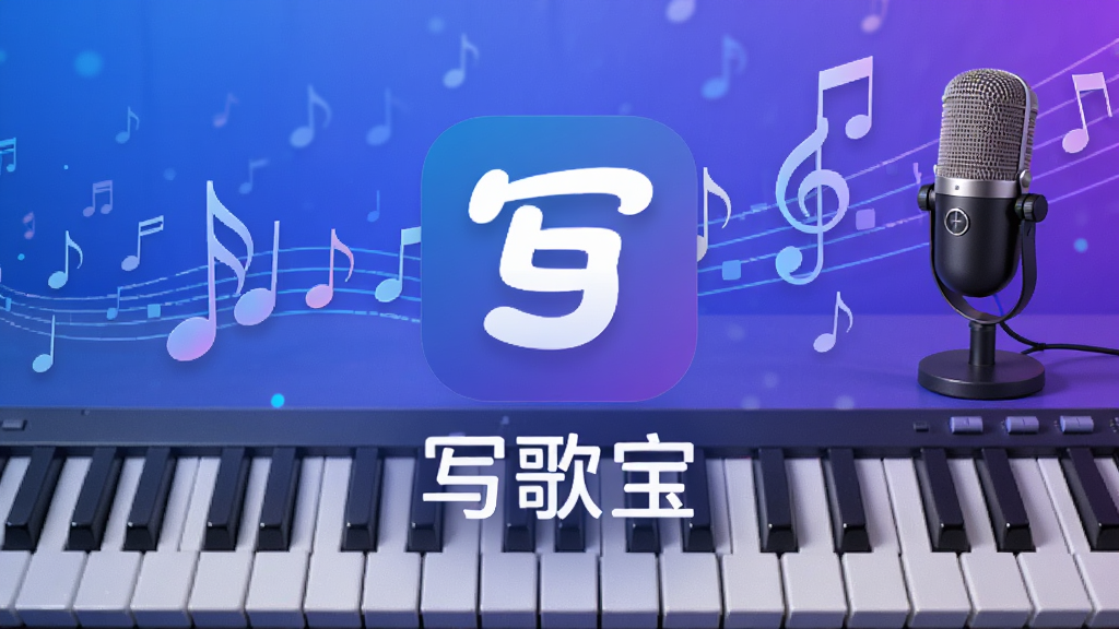 写歌宝软件主界面展示,画面中央是写歌宝应用图标和名称,背景为音乐创作工作台,有钢琴键盘、音符飘动、麦克风等元素,整体采用蓝紫色渐变科技风格,布局居中对称,细节清晰,画质干净,无多余元素