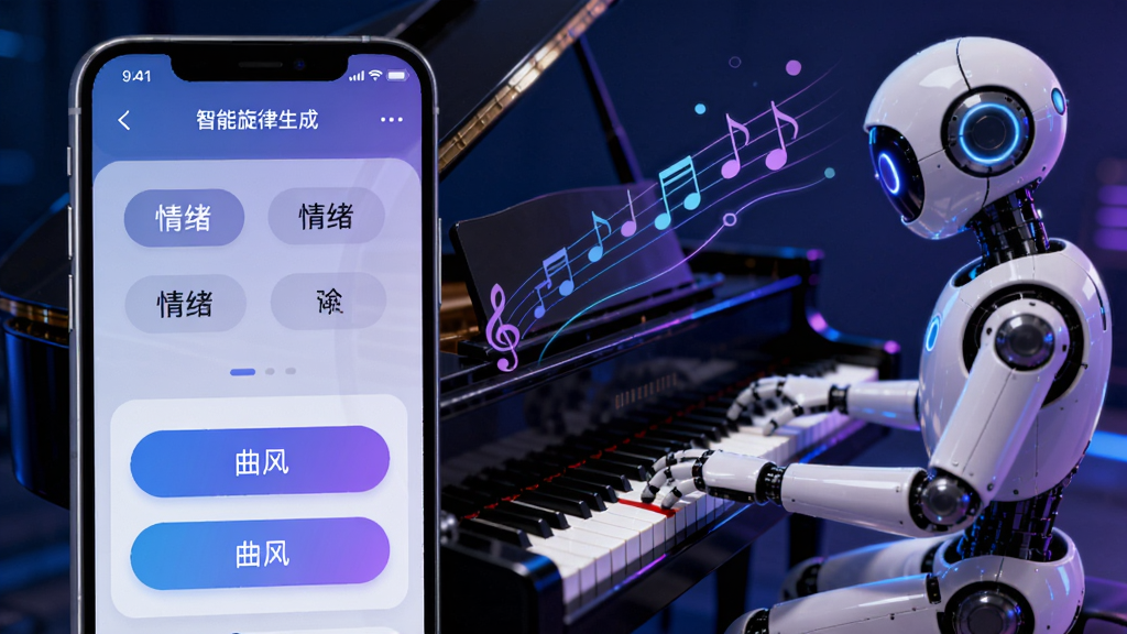 写歌宝智能旋律生成界面,画面中手机屏幕显示情绪标签和曲风选择按钮,背景有AI机器人正在弹奏钢琴,音符从琴键飘出形成旋律线条,蓝紫色科技风格,布局清晰,细节丰富,画质干净,无多余元素