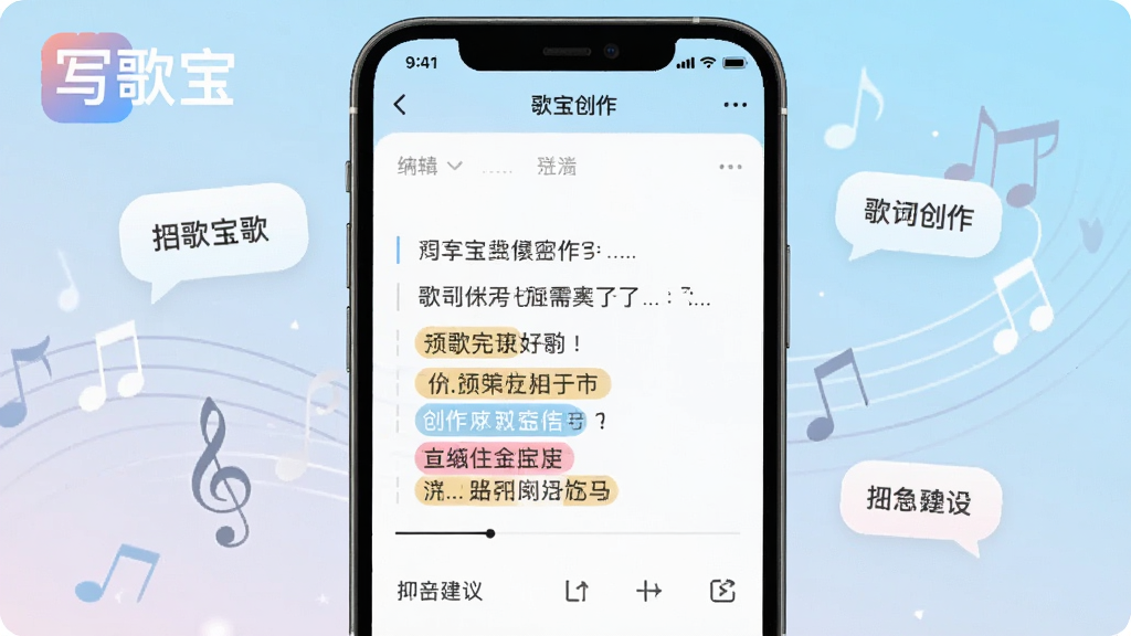 写歌宝AI歌词创作界面,手机屏幕显示歌词编辑页面,有押韵建议和高亮标注,背景有文字气泡和音符环绕,写歌宝软件名称清晰可见,清新简约风格,布局合理,画质干净,无多余元素