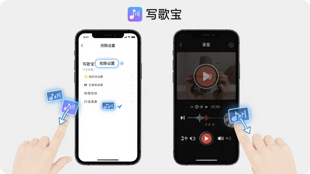 写歌宝移动端操作示意图,手机屏幕显示权限设置页面和录音界面,旁边有手指点击操作标注,背景为浅灰色,风格简洁清晰,写歌宝软件名称出现在画面顶部,画质干净,无多余元素