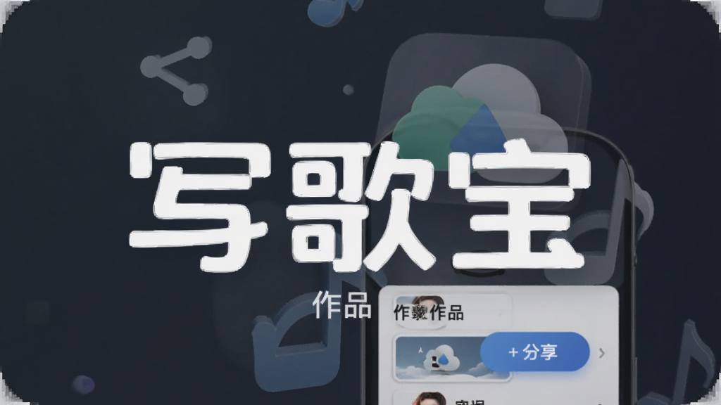 写歌宝作品管理界面,手机屏幕显示作品列表和导出分享按钮,背景有云盘图标和分享箭头,写歌宝软件名称醒目,布局整洁,风格简约现代,画质干净,无多余元素