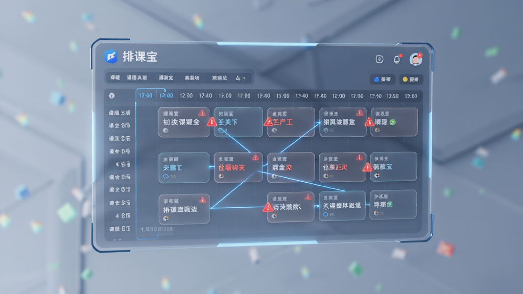 一张展示排课宝智能冲突检测功能的图片,主体是一块悬浮在空中的半透明数据面板,面板上显示着课程时间轴和红色的冲突警示标志,布局为居中对齐,风格为未来科技感,细节包含发光的线条连接着不同的课程模块,画质高清,画面干净,无多余元素