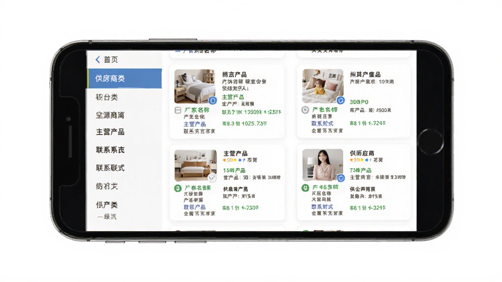 找家纺商户版货源对接功能展示图,画面中一部手机显示找家纺商户版货源列表页面,左侧为分类导航,右侧为供应商卡片,每张卡片包含厂家名称、主营产品、联系方式等,背景为白色,风格简洁扁平化,细节清晰,画质高清,干净无多余元素