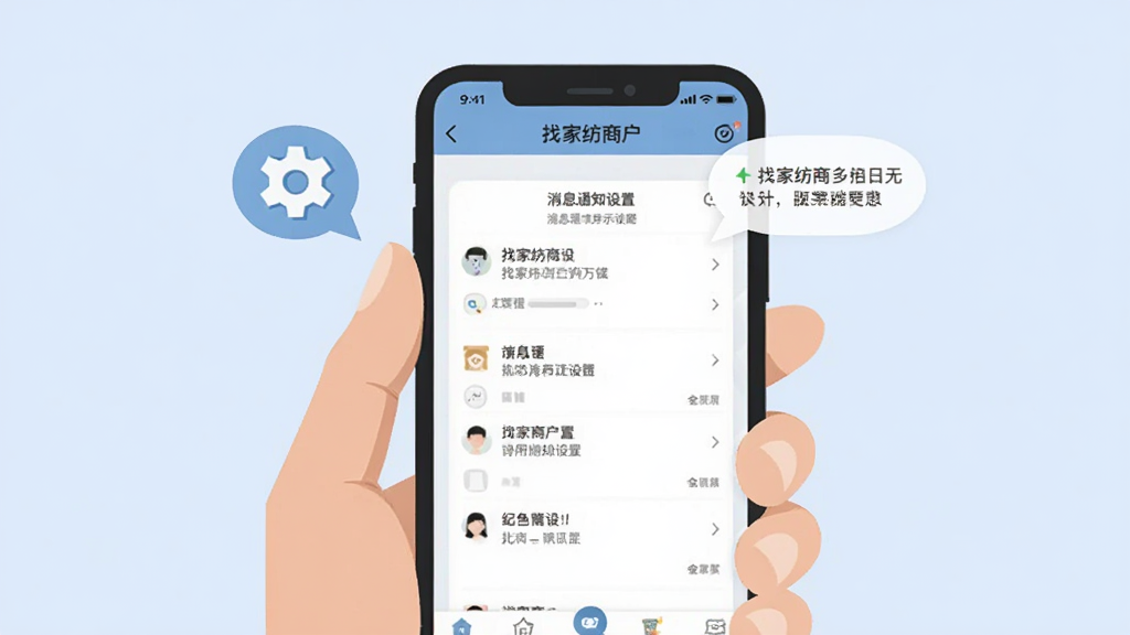 找家纺商户版移动端操作示意图,画面中一只手拿着手机,屏幕显示找家纺商户版消息通知设置页面,旁边有齿轮图标与提示气泡,背景为淡蓝色,风格扁平插画,细节清晰,画质高清,干净无多余元素