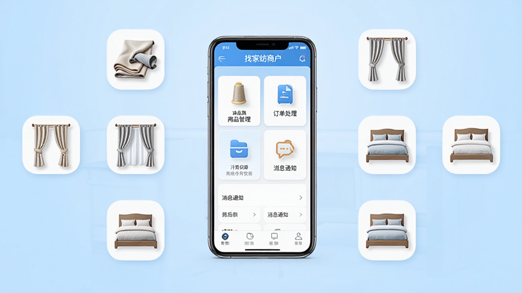 找家纺商户版软件界面全貌展示,画面中央是一部智能手机,屏幕上显示找家纺商户版应用首页,包含商品管理、订单处理、消息通知等模块入口,背景为浅蓝色渐变,周围环绕家纺布料、窗帘、床品等元素图标,布局简洁清晰,风格现代商务,细节精致,画质高清,干净无多余元素