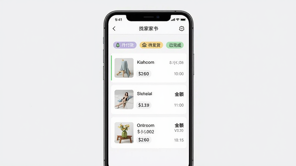 找家纺商户版订单管理界面图,画面中手机屏幕显示找家纺商户版订单列表,包含待付款、待发货、已完成等状态标签,每条订单显示买家昵称、商品缩略图、金额与时间,背景为浅灰色,风格清爽简约,细节丰富,画质高清,干净无多余元素