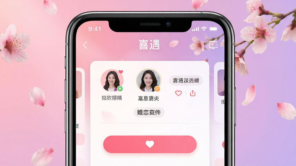 一张展示喜遇软件核心全貌的场景图,画面主体是一部智能手机屏幕显示喜遇APP的婚恋交友首页界面,界面中有用户头像卡片与心动按钮,背景是柔和的粉紫色渐变与飘落的桃花瓣,布局居中对称,风格温馨浪漫写实,细节包括手机边缘的光泽感与界面UI的精致图标,画质高清,干净,无多余元素