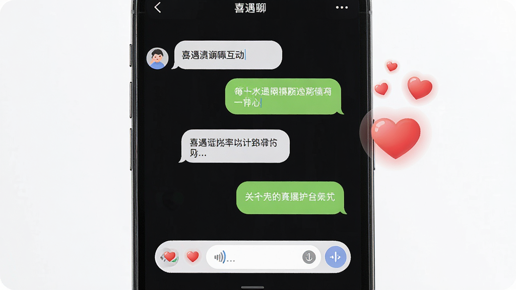 一张展示喜遇聊天互动界面的场景图,画面主体是手机屏幕显示聊天对话框与语音消息气泡,旁边有心动信号的小爱心动画,布局左右分栏展示对话,风格活泼明快,细节包括聊天气泡的圆角与输入框的图标,画质高清,干净,无多余元素