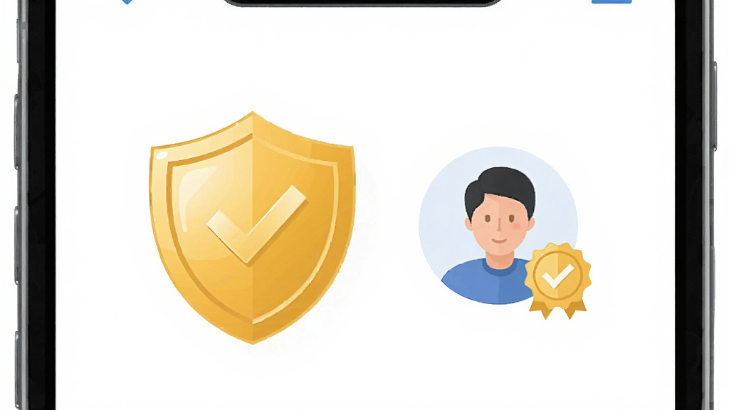 一张表现喜遇实名认证功能的示意图,画面主体是手机屏幕显示认证通过的金色盾牌图标与用户头像旁的认证徽章,布局简洁明了,风格安全可信的扁平化设计,细节包括盾牌的光泽与界面留白,画质高清,干净,无多余元素