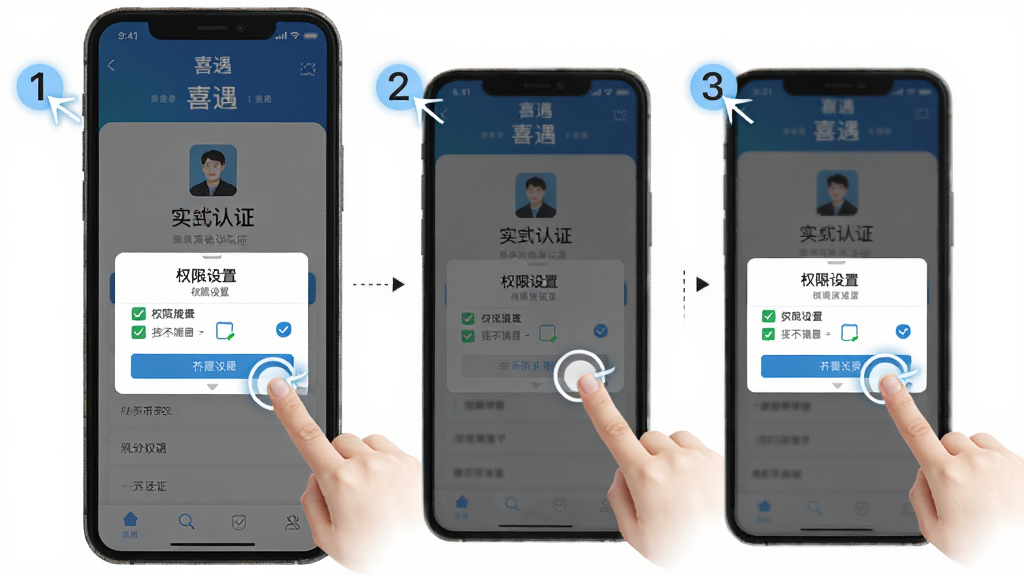 一张展示喜遇新手操作指引的示意图,画面主体是手机屏幕显示喜遇的实名认证页面与权限设置弹窗,布局采用步骤编号排列,风格清晰直观的教学图示,细节包括手指点击屏幕的动画效果与勾选框,画质高清,干净,无多余元素