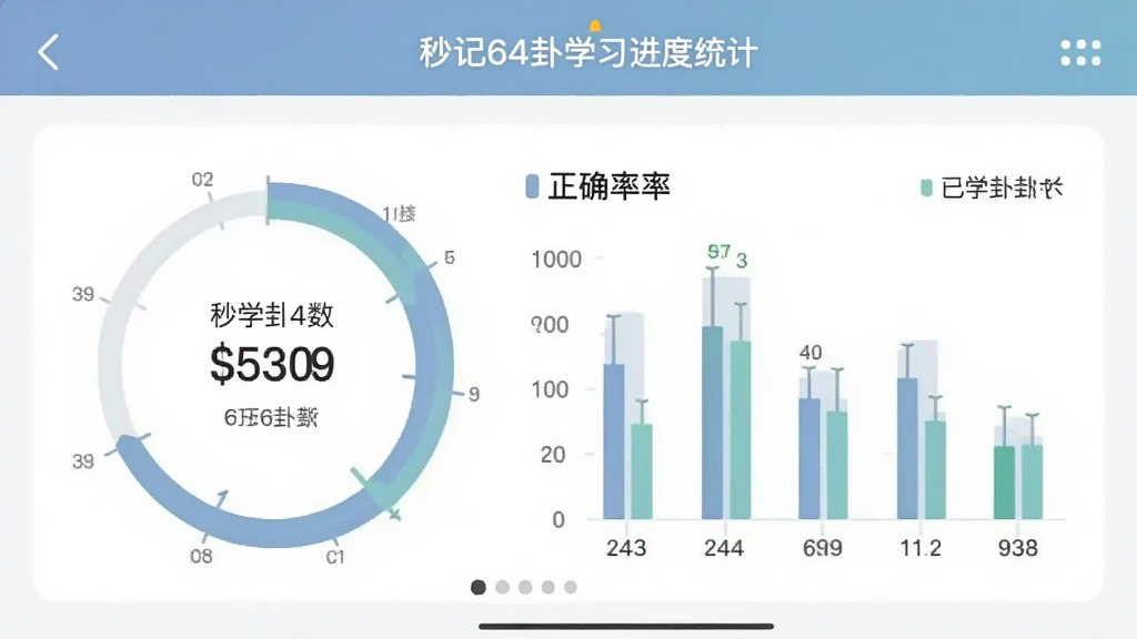 一张展示秒记64卦学习进度统计页面的手机截图,画面中有环形进度图和柱状图,显示已学卦数、正确率等数据,界面配色柔和,风格为简约商务,画质清晰,无多余元素
