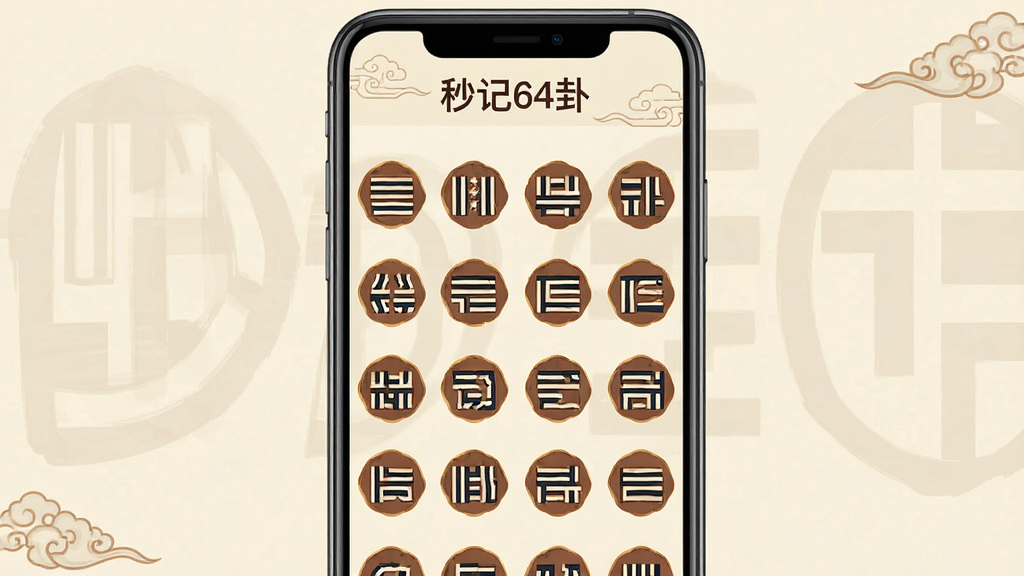 一张展示秒记64卦软件主界面的手机应用截图,画面中央是整齐排列的六十四卦卦象图标,背景为淡雅的米黄色,界面简洁干净,带有中国风元素,顶部有“秒记64卦”文字标识,风格为现代扁平化设计,画质清晰,无多余元素