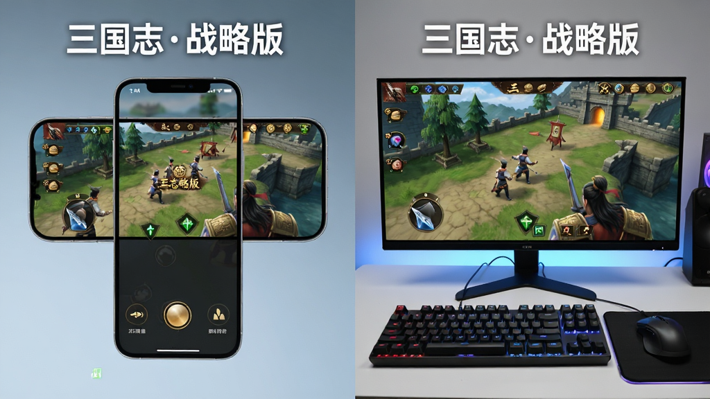 主体为手机与电脑模拟器同时运行三国志战略版的对比画面,布局为左右分屏展示移动端与PC端界面,排版突出操作差异,风格为科技感产品展示,细节包含手机触控按钮、电脑键盘鼠标、游戏画面同步,画面中清晰打上文字“三国志战略版”,画质为2K超清,画面干净,无多余元素。