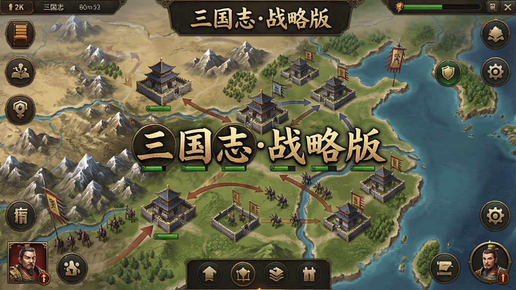 主体为三国志战略版游戏主界面全景,布局采用中央沙盘地图与四周功能按钮环绕式排版,风格为写实古风SLG手游UI,细节包含城池、山脉、河流、部队行军路线、武将头像图标,画面中清晰打上文字“三国志战略版”,画质为2K超清,画面干净,无多余元素。
