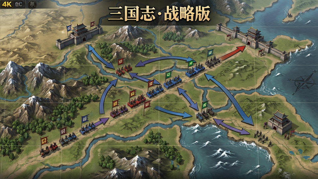 主体为三国志战略版游戏中的大地图行军场景,布局为俯瞰视角展现山川河流与多支部队行军路线,排版突出地形与部队的交互关系,风格为写实古风战争策略,细节包含不同颜色的部队方阵、行军箭头、城池关隘、水面波纹,画面中清晰打上文字“三国志战略版”,画质为4K超清,画面干净,无多余元素。