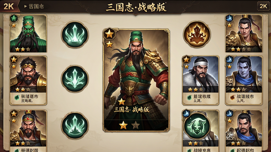 主体为三国志战略版武将招募界面,布局为中央展示武将立绘与四周战法图标环绕,排版采用卡片式武将列表,风格为华丽古风卡牌设计,细节包含关羽、张飞、赵云等武将形象、星级标识、战法文字描述,画面中清晰打上文字“三国志战略版”,画质为2K超清,画面干净,无多余元素。