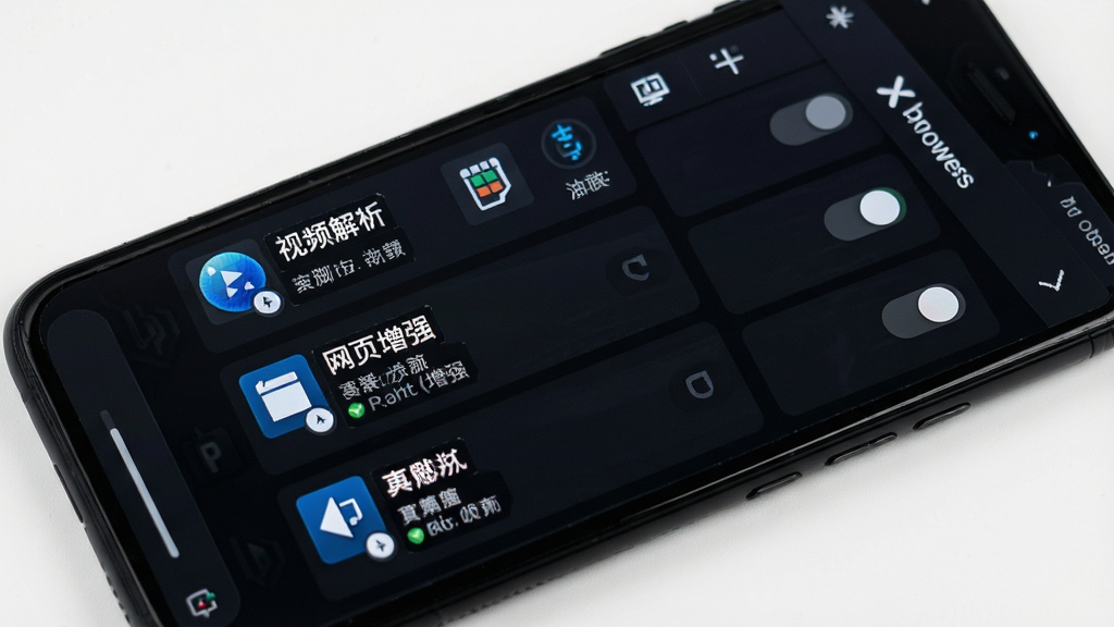 手机屏幕展示X浏览器的脚本管理界面,列表中显示多个已安装的油猴脚本名称,如“视频解析”“网页增强”等,每个脚本旁边有开关按钮,背景为深色模式,排版整齐,风格极客,画质高清,无多余元素