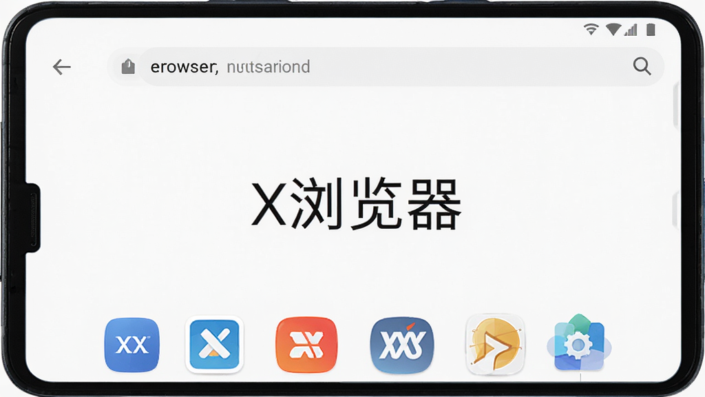 一部安卓手机屏幕居中显示X浏览器简洁的首页界面,背景是纯白色,顶部有地址栏和搜索框,页面中央有“X浏览器”四个大字,下方排列着多个常用网站图标,整体风格干净清爽,布局极简,画质高清,无多余元素