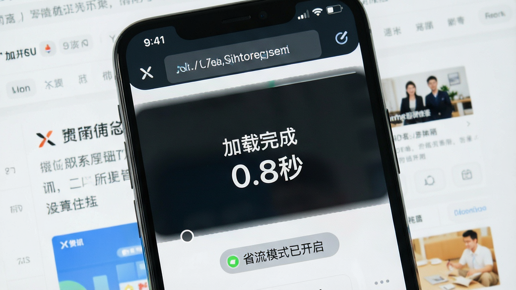 手机屏幕显示X浏览器加载网页的速度测试界面,页面上有“加载完成 0.8秒”的提示,背景是资讯网页,底部有省流模式已开启的标识,整体风格简洁明快,画质高清,无多余元素