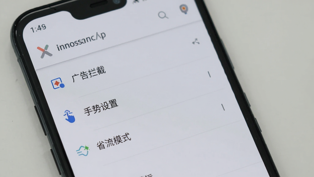 一部安卓手机显示X浏览器的设置页面,页面中包含“广告拦截”“手势设置”“省流模式”等选项,界面干净整洁,背景为浅灰色,风格简约,画质高清,无多余元素