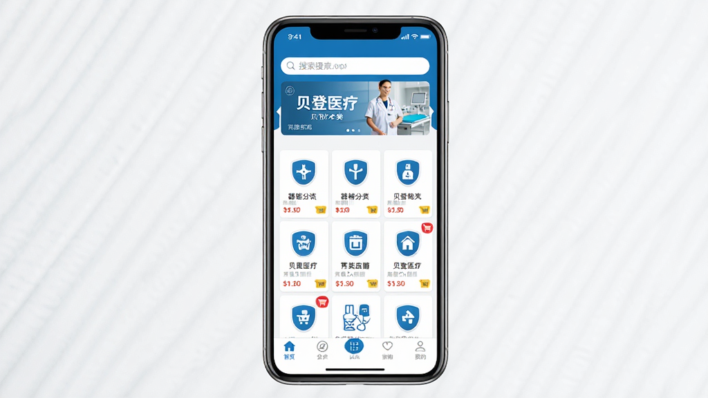 ����ҽ��app�ٷ���������չʾͼ����������Ϊ�ֻ���Ļ����Ļ�ڳ��ֱ���ҽ��Ӧ����ҳ������Ϊ���������ֲ�������в�Ϊ��е����ͼ�����񣬵ײ�Ϊ�����˵������岼�����������Ϊ���ҽ��������ɫ��ϸ�ڰ�����Ʒ��Ƭ���۸��ǩ�����ﳵ�Ǳ꣬���ʸ��壬����ɾ����޶���Ԫ��