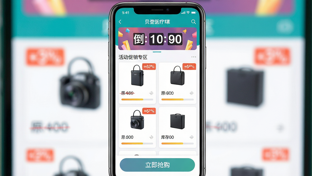 ����ҽ��app�����ҳ��չʾͼ����������Ϊ�ֻ���Ļ����Ļ�ڳ��ֱ���ҽ��Ӧ�õĻר��������Ϊ����ʱ������в�Ϊ������Ʒ��Ƭ���У��ײ�Ϊ����������ť������Ϊ��������б������Ϊ�����������ϸ�ڰ����ۿ۱�ǩ��ԭ�ۻ��ߡ��������������ʸ��壬����ɾ����޶���Ԫ��