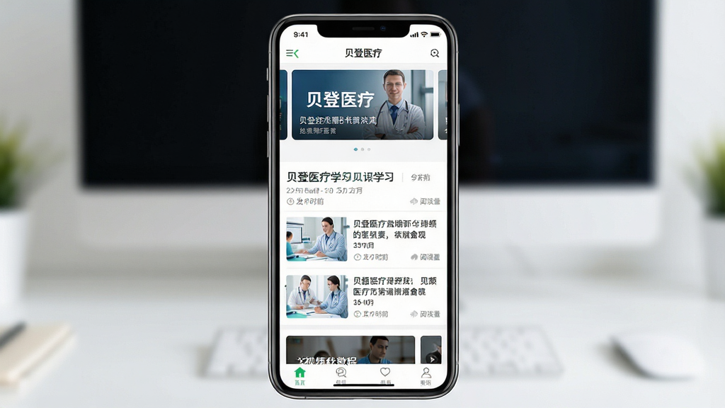 ����ҽ��app��Ѷѧϰҳ��չʾͼ����������Ϊ�ֻ���Ļ����Ļ�ڳ��ֱ���ҽ��Ӧ�õ���ѶƵ��������Ϊ�ֲ����·��棬�в�Ϊͼ����Ѷ�б����ײ�Ϊ��Ƶ�̳���ڣ�����Ϊ��Ϣ���Ű棬���Ϊרҵҽ����Ѷ���ϸ�ڰ������±��⡢����ʱ�䡢�Ķ���ͼ�꣬���ʸ��壬����ɾ����޶���Ԫ��
