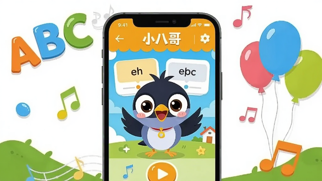 画面中央展示一部智能手机,手机屏幕上显示“小八哥”APP的卡通主界面,界面中有可爱的八哥鸟吉祥物、英语单词卡片和播放按钮。手机周围环绕着字母ABC、彩色气球和音符等启蒙元素。整体采用明亮活泼的扁平插画风格,色彩以橙黄、天蓝和草绿为主,背景干净简洁。画质清晰,无多余杂乱元素。