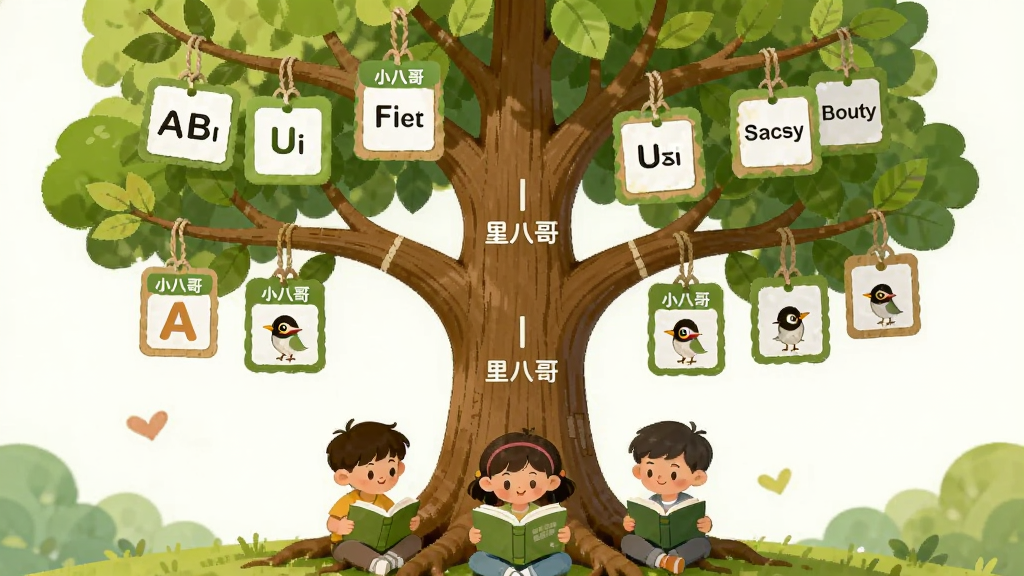 画面中央是一棵成长树,树干上标注不同级别,树枝上挂着“小八哥”的课程卡片,有字母卡、单词卡和句子卡,树根处有小朋友在阅读。风格为清新教育插画,色彩以绿色和木色为主,排版整齐,画质清晰。