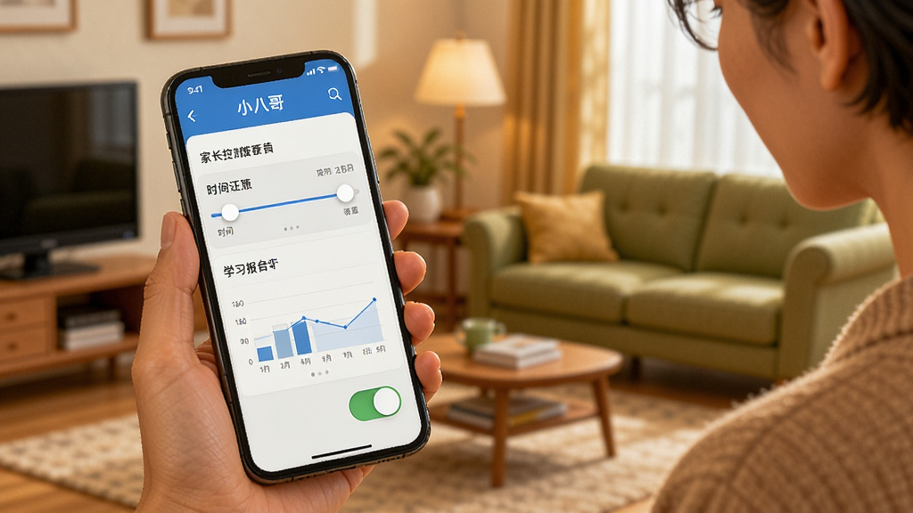 一位家长拿着手机查看“小八哥”家长控制面板,面板上有时间设置滑块、学习报告图表和开关按钮。背景为居家客厅,风格为温馨写实插画,色调温暖,主体明确,无杂乱元素。