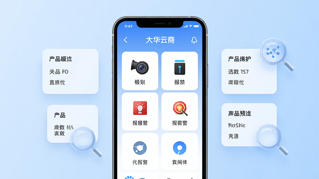 大华云商产品选型页面预览图,画面中央为手机屏幕展示产品分类网格,包含摄像头、门禁、报警器等图标,手机两侧漂浮产品参数卡片与放大镜图标,背景为浅蓝色渐变,风格清爽科技感,排版平衡,画质细腻,无多余装饰
