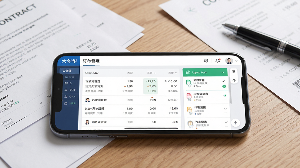 大华云商订单管理界面预览图,画面展示一部手机横放在木质桌面上,屏幕内是订单列表与物流追踪页面,周围散落纸质合同与签字笔,光线明亮柔和,风格写实商务,布局采用三分法构图,细节清晰,画质干净,无杂乱元素