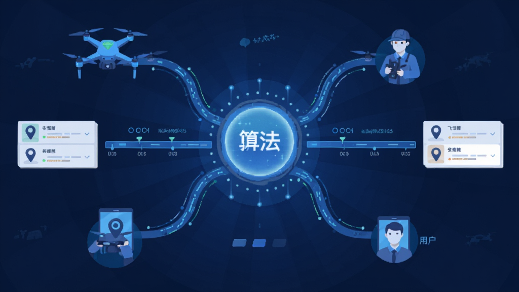 空中快滴智能调度系统示意图,画面中心为发光的调度算法核心,周围环绕多条数据流连接无人机、飞手和用户终端,布局呈放射状,排版以中心向外扩散,风格为科技蓝调扁平插画,细节包含定位图标、时间轴、任务卡片,画质高清干净无多余元素